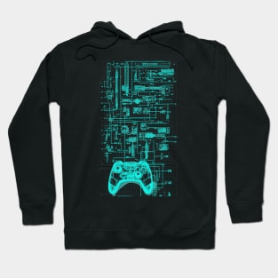 Neon Teal Video Game Controller Blueprint Hoodie